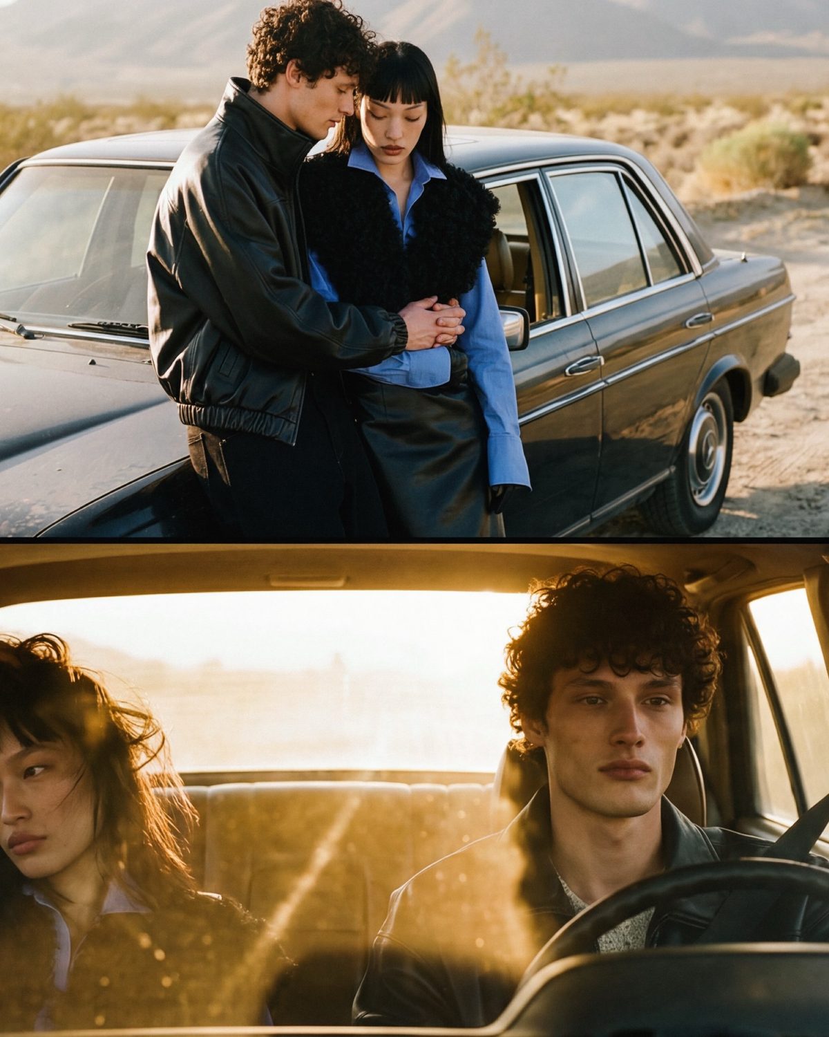 AI fashion photography — couple beside a vintage car in a desert landscape, e-commerce editorial