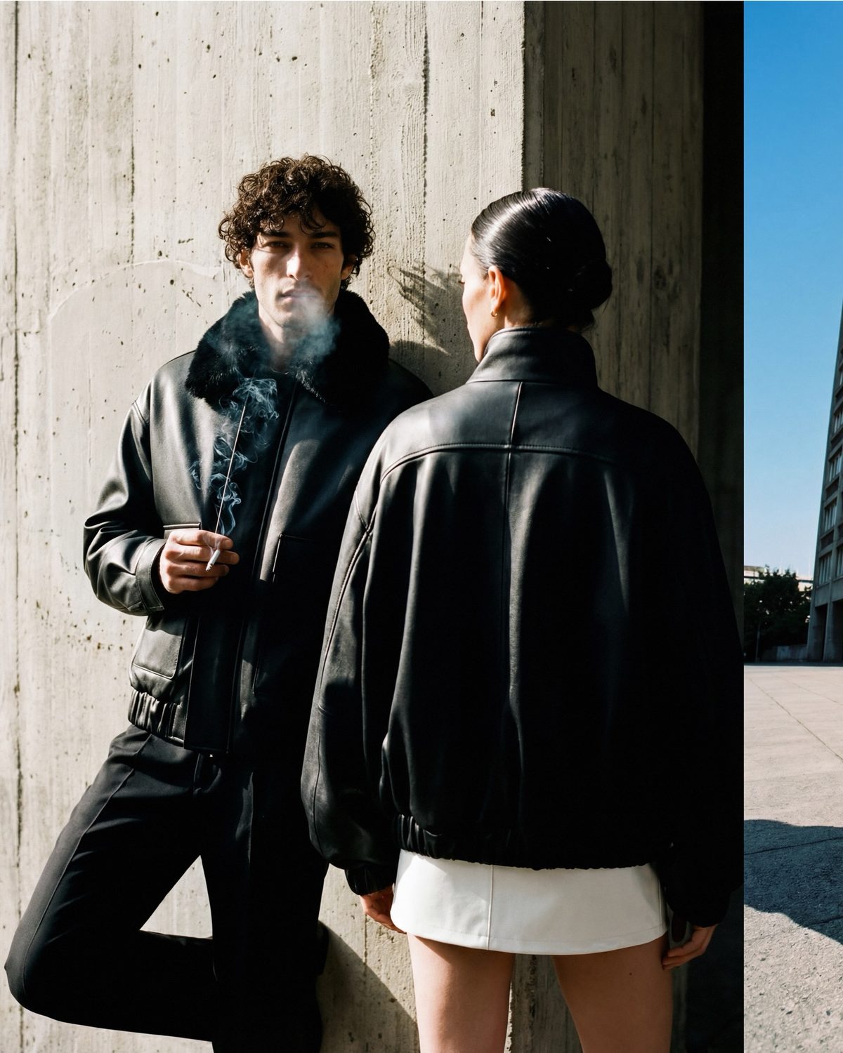 AI on-model e-commerce visual — couple in leather outerwear, urban fashion editorial