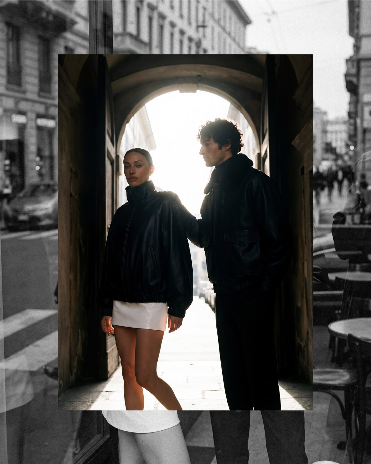 AI e-commerce visual variation — full-length on-model leather look, consistent talent