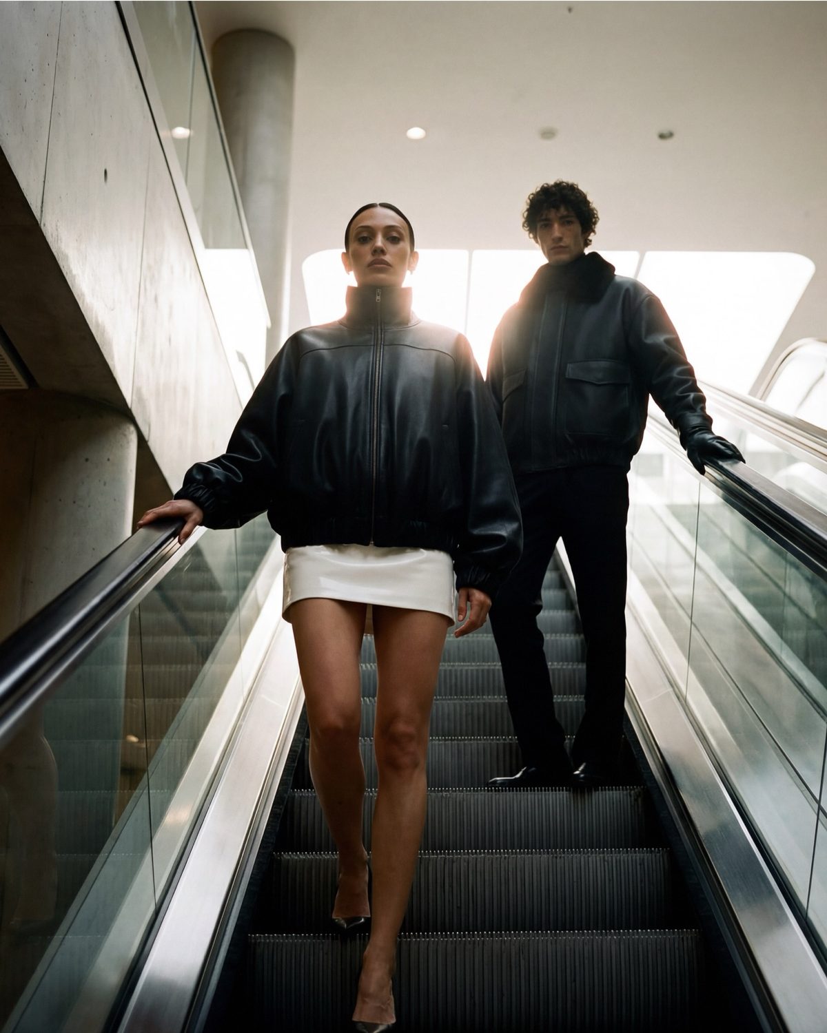 AI fashion photography variation — same shoot, different angle, on-model leather e-commerce visual