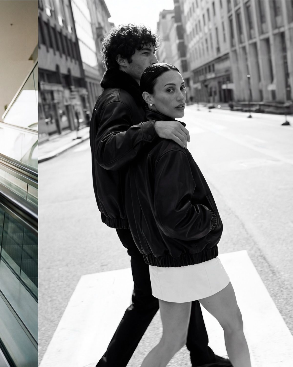 AI e-commerce visual variation — editorial leather look in a fresh urban context